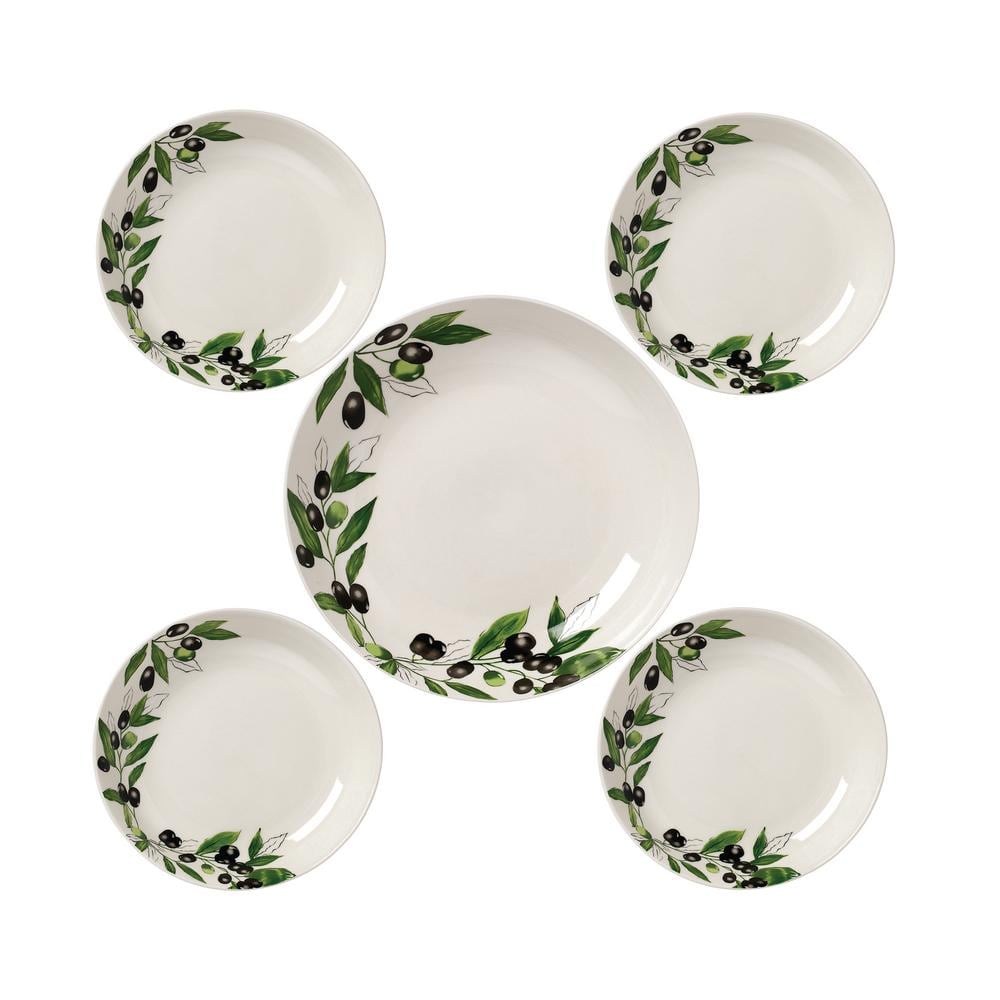 11 in. 52 fl. oz. Olive 5-Piece White Porcelain Pasta Serving Bowl Set (Set of 5) - Hercitys