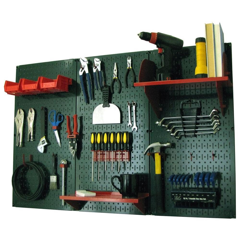 32 in. x 48 in. Metal Pegboard Standard Tool Storage Kit with Green Pegboard and Red Peg Accessories - Hercitys
