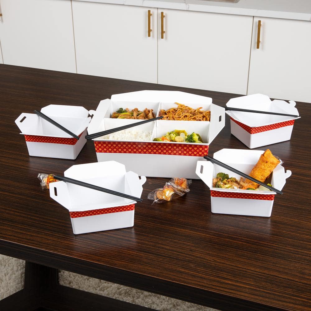 13 in. W x  5.5 in. H x 15 in. D Rectangle White Chinese Take Out Serving Set Divided Serving Tray Melamine Set of 5 - Hercitys