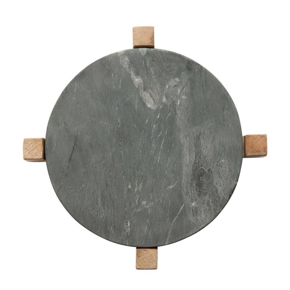 13 in. Gray Marble Platter with Mango Wood Stand - Hercitys