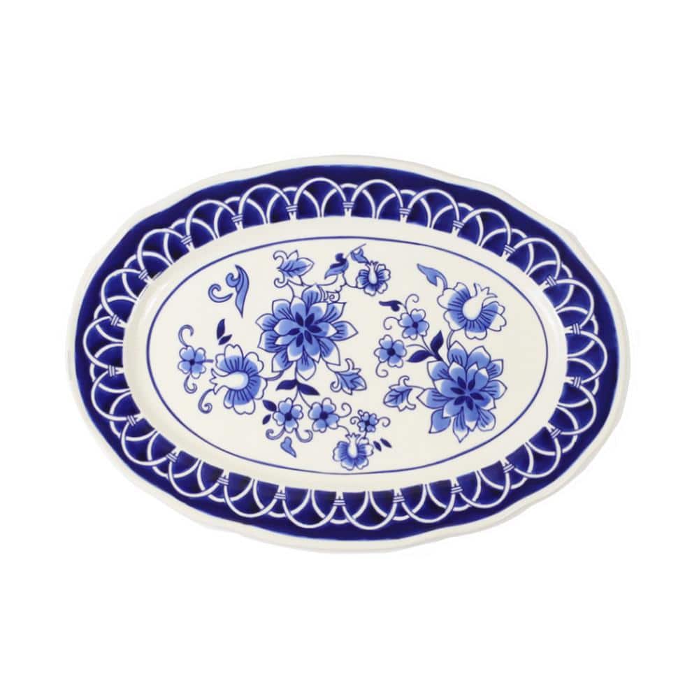 18 in. Blue Garden Stoneware Oval Serving Platter - Hercitys