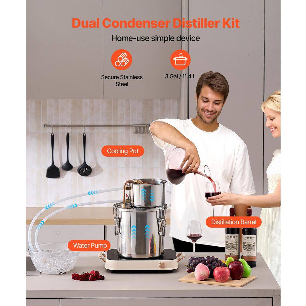 3 Gal. / 11.4 L Alcohol Still, Stainless Steel Distiller with Copper Coil, Fermentation Kit with Thermometer and Pump - Hercitys