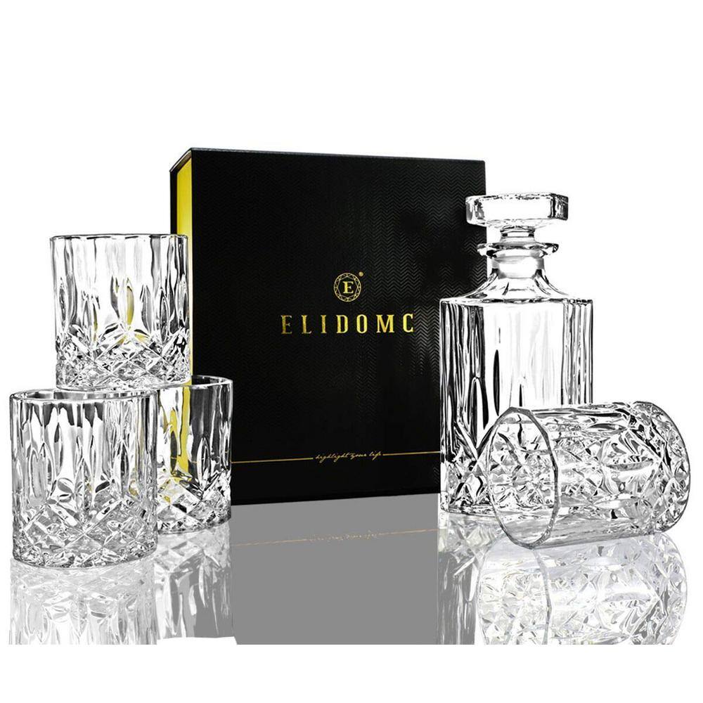 5-Piece Clear Glass Bar Set-Italian Crafted Crystal Decanter with 4-Double Old Fashioned Glasses, 100% Lead Free Glass - Hercitys