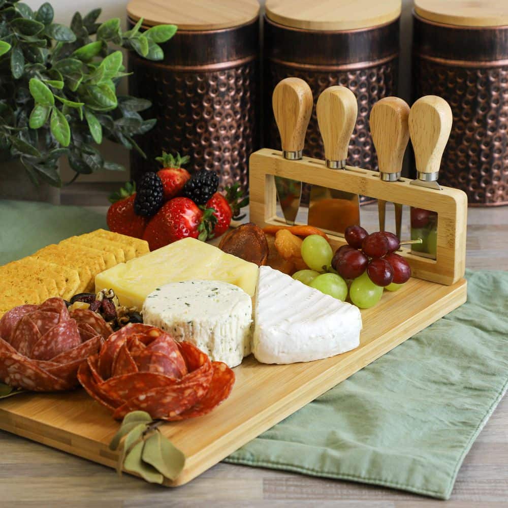 14 in. Bamboo Charcuterie and Cheese Board with Knife Stand Attachment and 4 Piece Knife Set - Hercitys