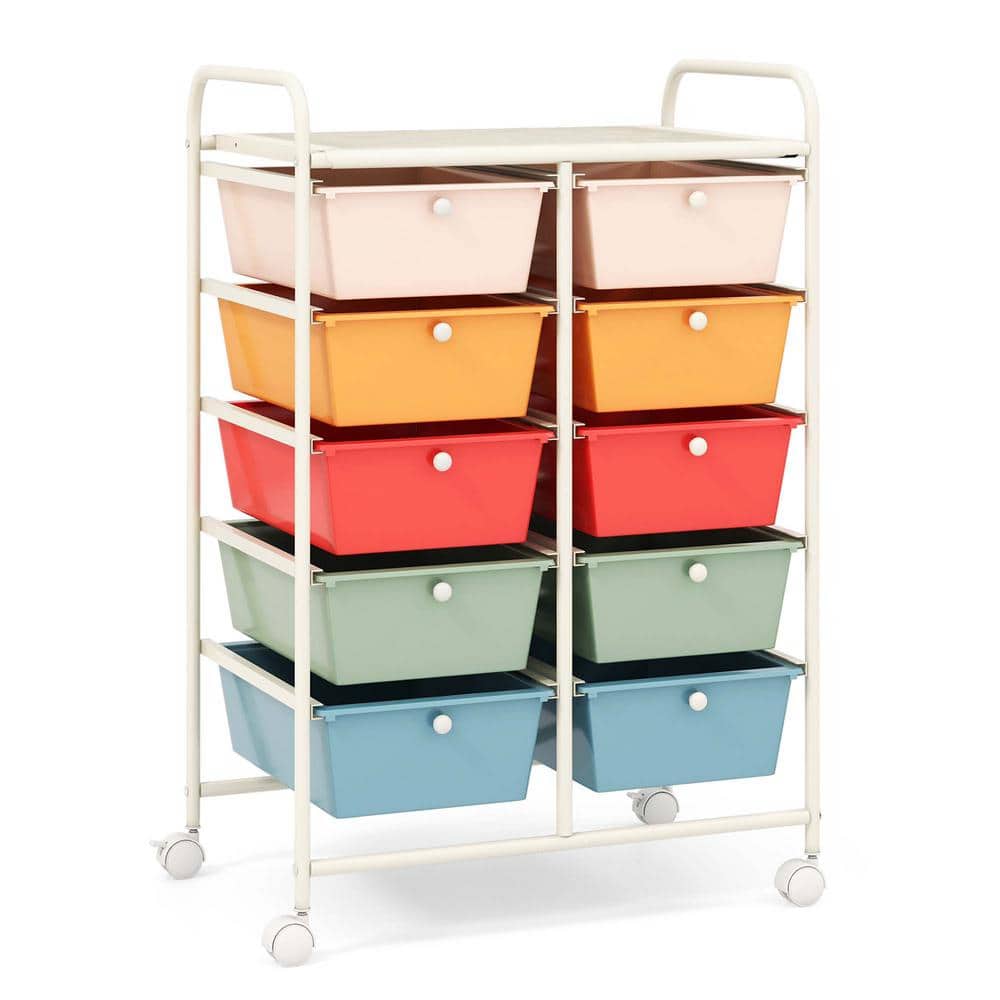 10-Drawer 4-Wheeled Plastic Storage Cart Utility Rolling Trolley Kitchen Office Organizer in Macaron - Hercitys