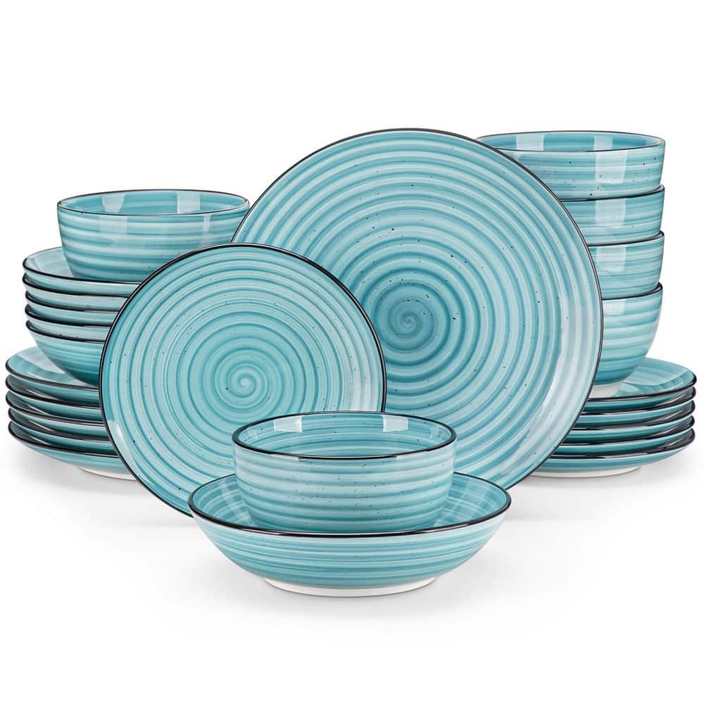 24-Piece Blue Stoneware Dinnerware Set (Service for 6) Bowls and Plates Dinner Set - Hercitys