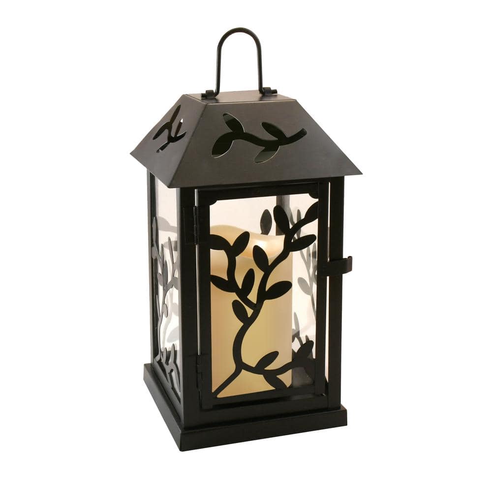 5.3 in. x 9 in. Black Vine Metal Lantern with LED Candle - Hercitys