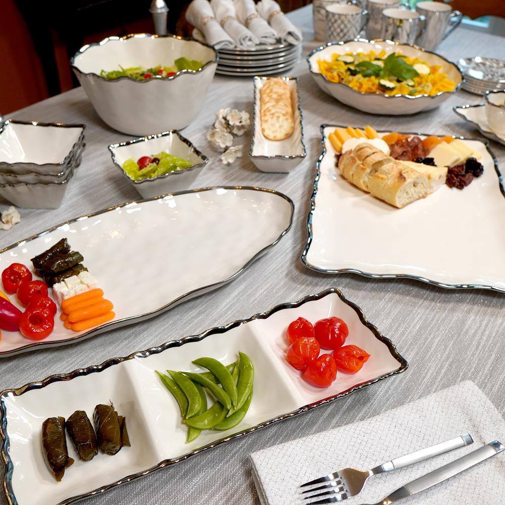 15 in. W x 5.5 in. H x 1.75 in. D White Porcelain Regency Silver Serving Tray - Hercitys