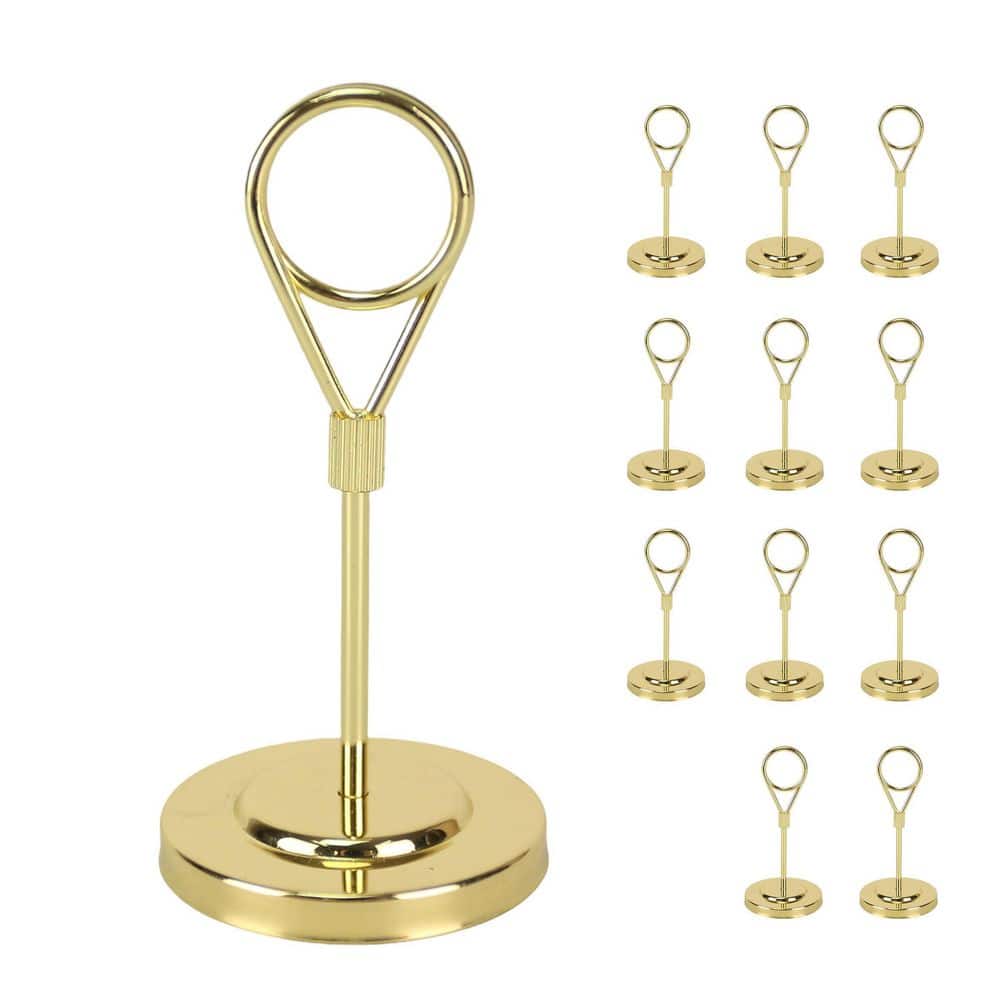 2 in. x 4 in. Gold Round Alloy Steel Place Card Holders Set of 12-Pcs with Weighted Base Stand and Clip for Occasions - Hercitys