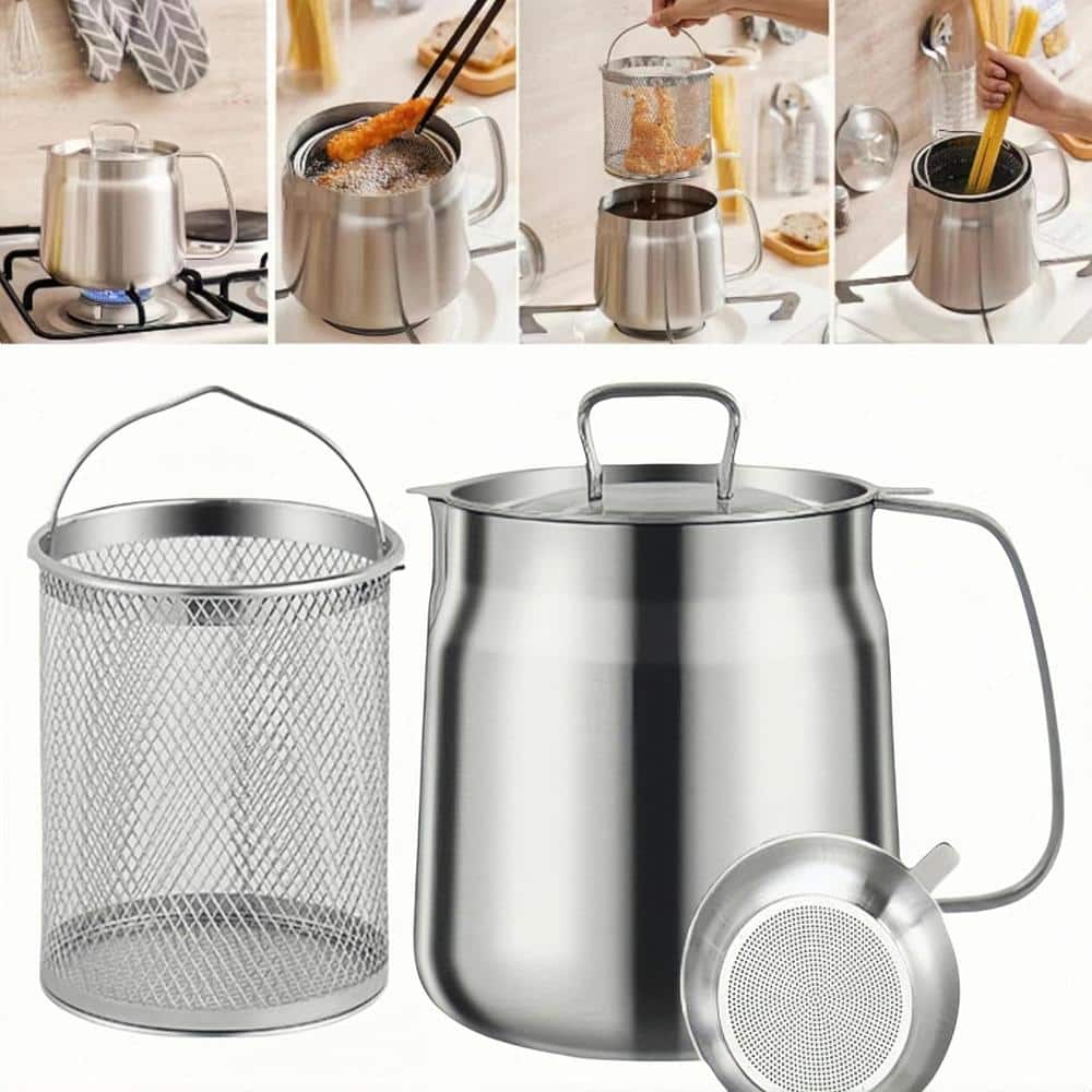 50oz/1. 5L Stainless Steel Deep Fryer Pot with Basket Large Capacity Versatile Oil Filter in Silver - Hercitys