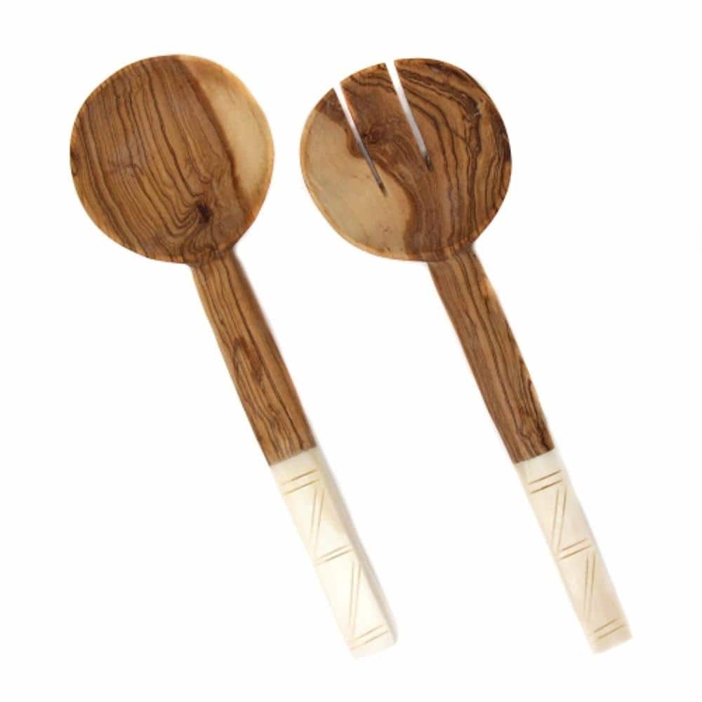 2-Pieces Olive Wood Salad Servers with Squared Bone Handles - Hercitys