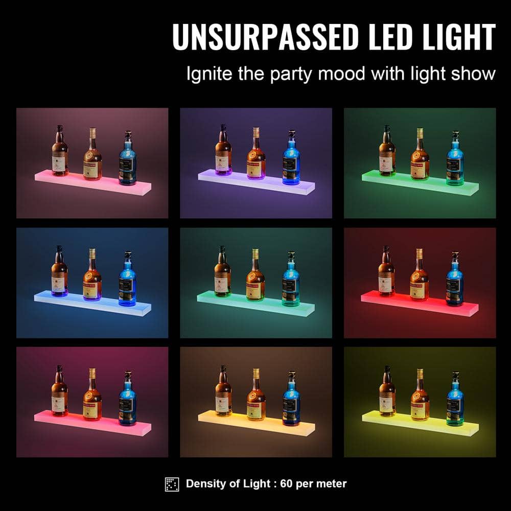 24 in. LED Lighted Liquor Bottle Display 1.26 in. H x 4.49 in. W 18-Bottle Multi-Colored Acrylic Bar Shelves - Hercitys