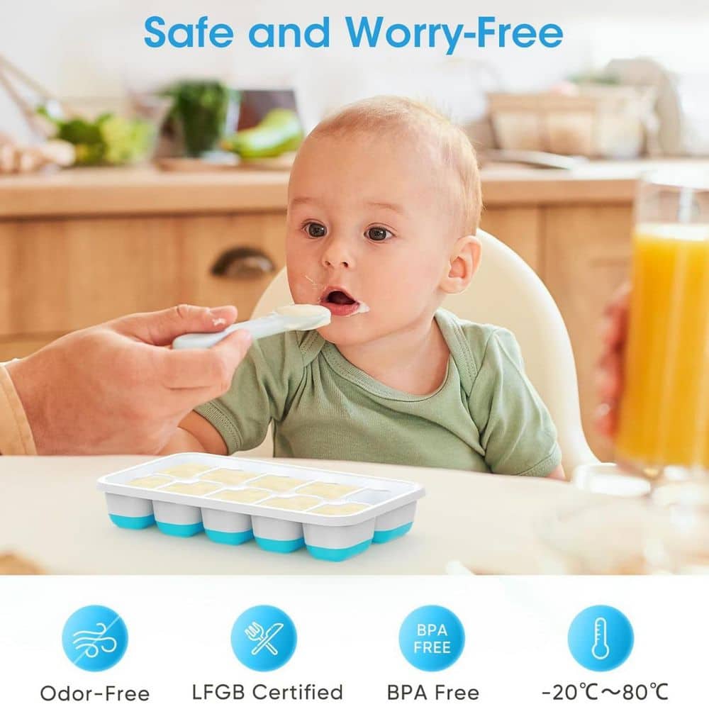 4-Pack Blue Stackable Silicone Plastic Ice Cube Tray with Lid, Scoop and Bin for Soup, Food, Cocktail and Coffee - Hercitys