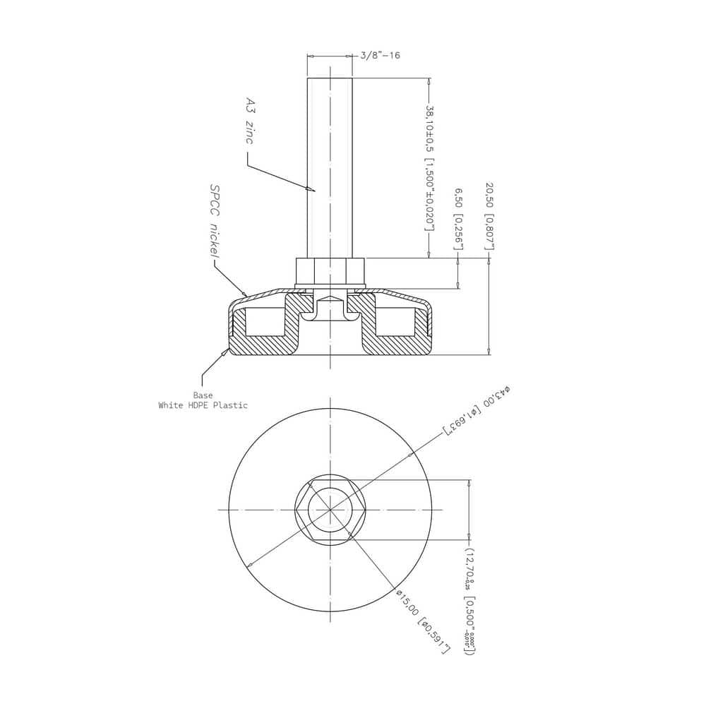 (50-Pack) Titan Nickel-White Hex Base 3/8-16 Thread x 1-1/2 in. L Stem Furniture Replacement Leveler with Insert - Hercitys