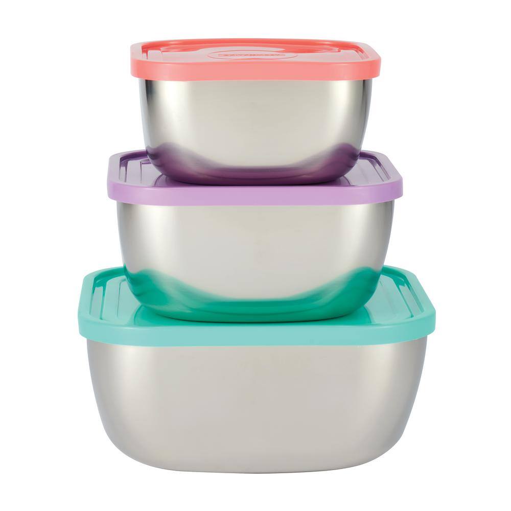 3 Pc Stainless Steel Covered Square Container Set – Multi Color Lids - Hercitys