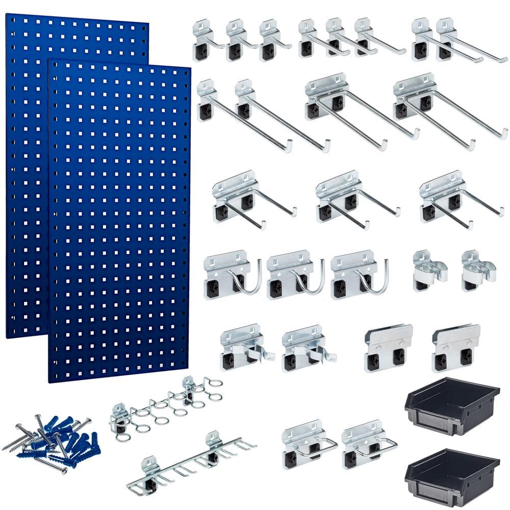 (2) 18 in. W x 36 in. H Blue Steel Square Hole Pegboards with 30-piece LocHook Assortment and Hanging Bin System - Hercitys