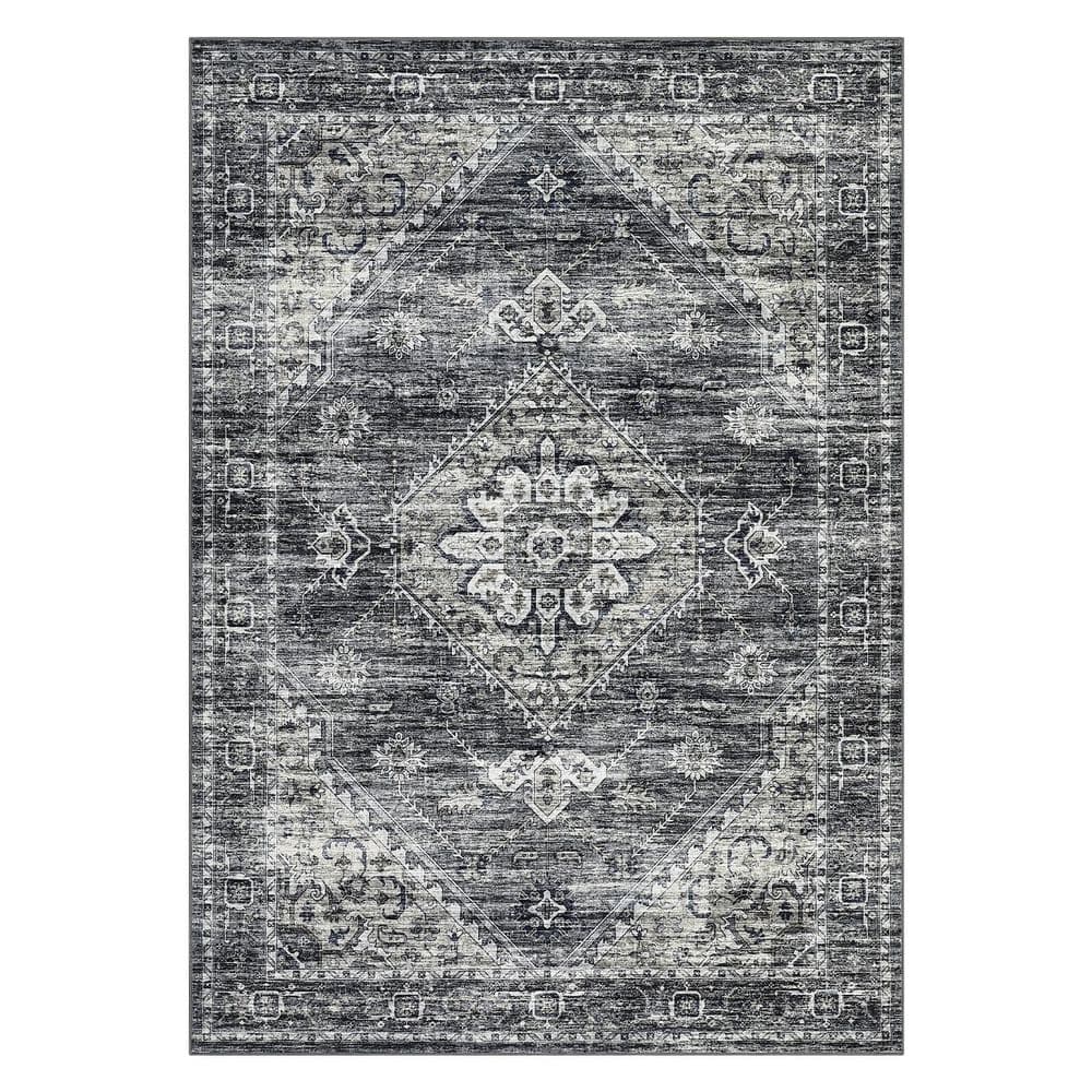 Vintage Printed Rug Distressed Floral Carpet Soft Non-slip Thin Carpet for Living Room Farmhouse Dark Gray，9X12ft - Hercitys