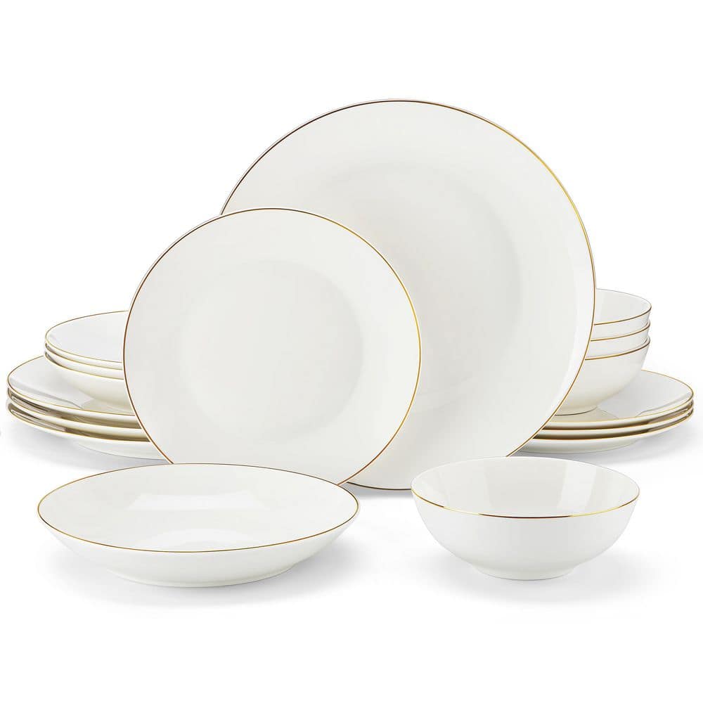 Jera 16-Piece White with Gold Trim Bone China Dinnerware Set (Service for 4) - Hercitys