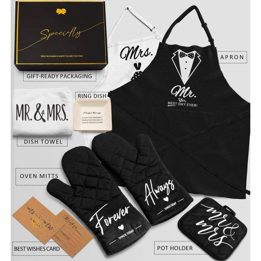 8-Piece Black and White Kitchen Cooking Mr and Mrs Apron Gift Set for Anniversary, Bridal Shower and Wedding Gifts - Hercitys