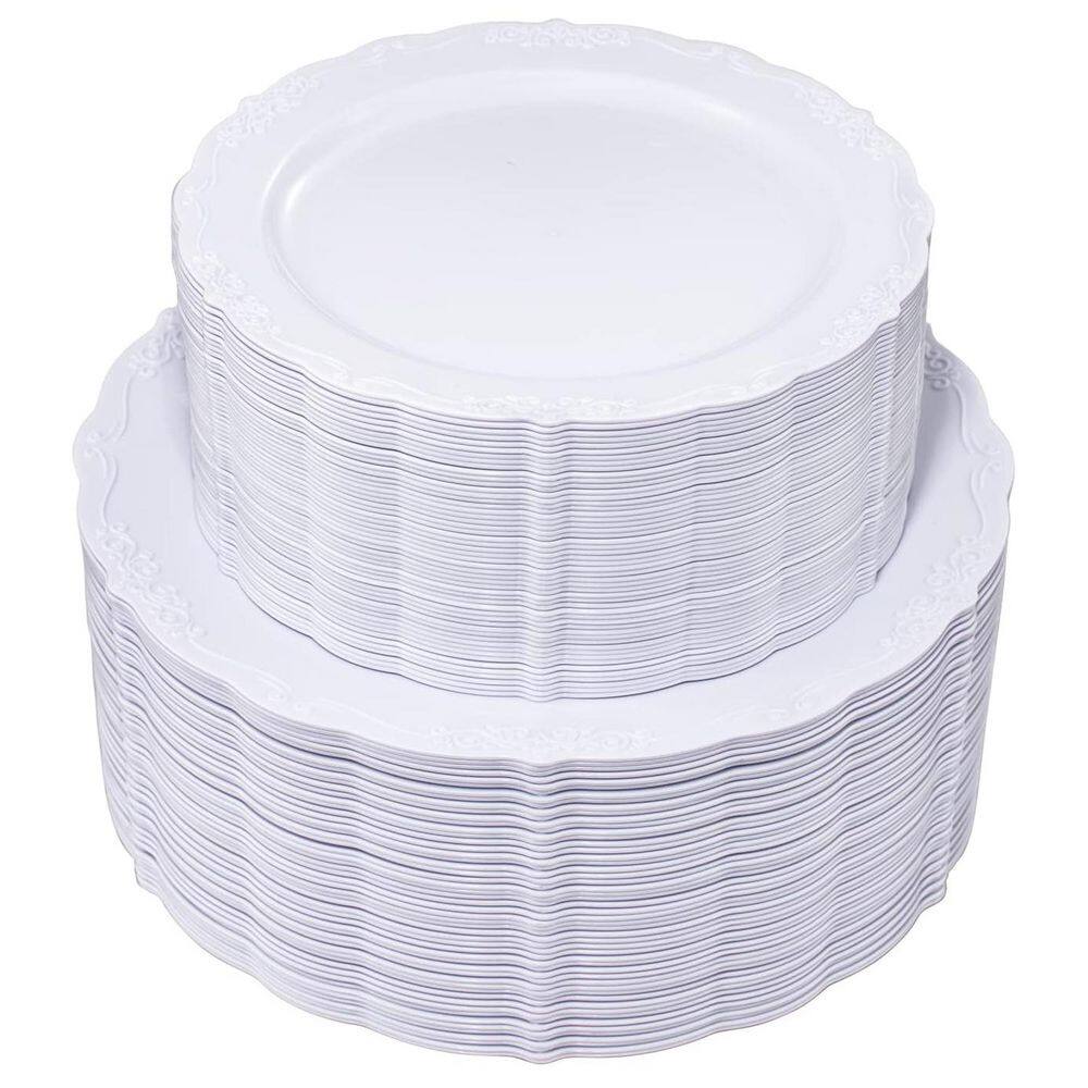 White Disposable Plastic Plates (100-Pieces) – 50-Dinner and 50-Dessert Plates - Hercitys