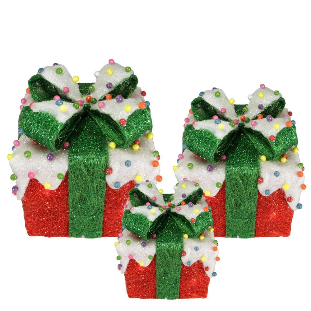 Lighted Snow and Candy Covered Sisal Gift Boxes Christmas Outdoor Decorations (Set of 3) - Hercitys