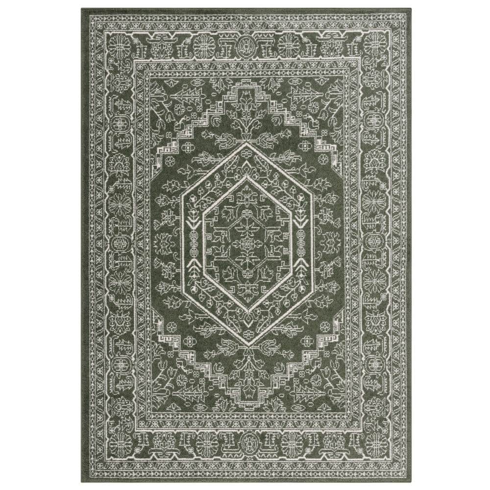 Adirondack Dark Green/Ivory 9 ft. x 12 ft. Border Medallion Area Rug - Hercitys
