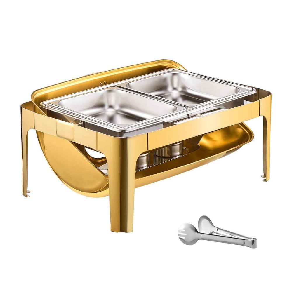 9 qt. Stainless Steel Roll Top Chafing Dish, Rectangle Buffet Warmer with Full Size Pan, Visible Lid, Water Pan - Hercitys