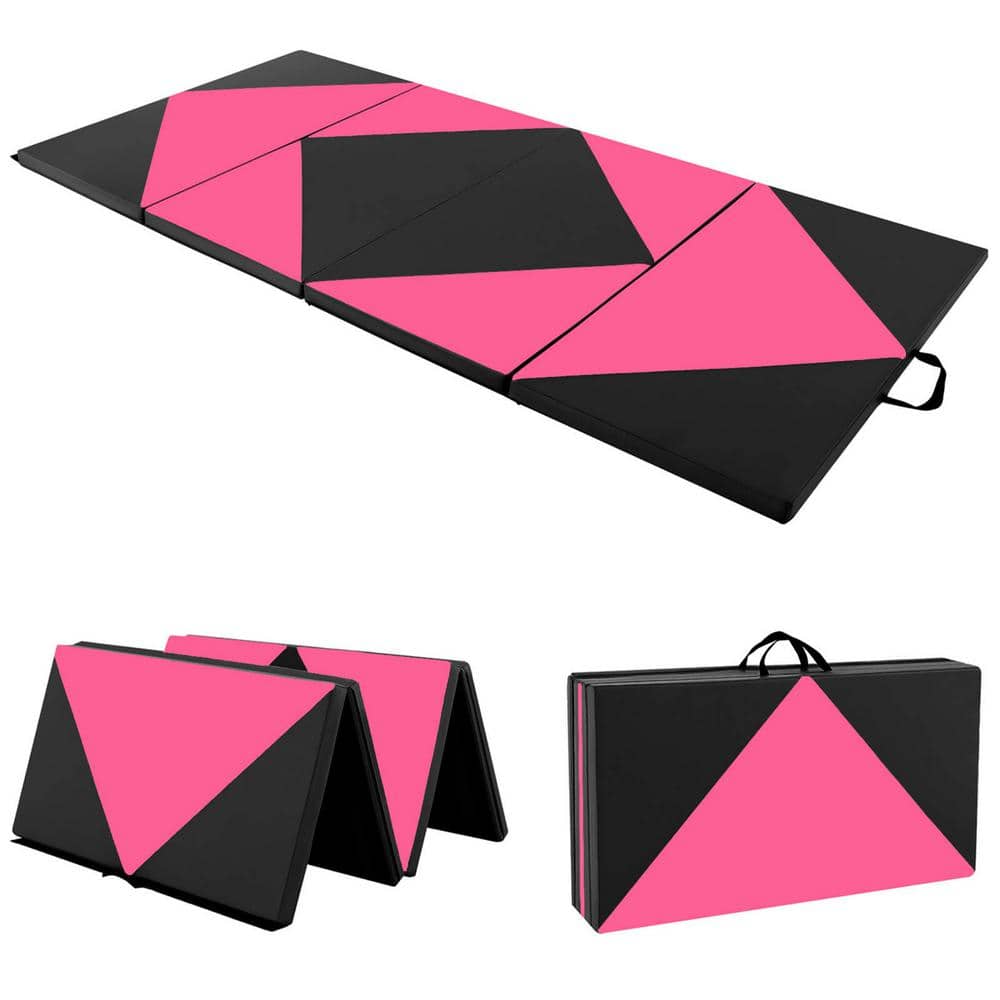 Folding Gymnastics Mat 8 ft. x 4 ft. x 2 in. PU Leather Tumbling Exercise Mat Yoga Gym Pink+Black 32 sq. ft. - Hercitys