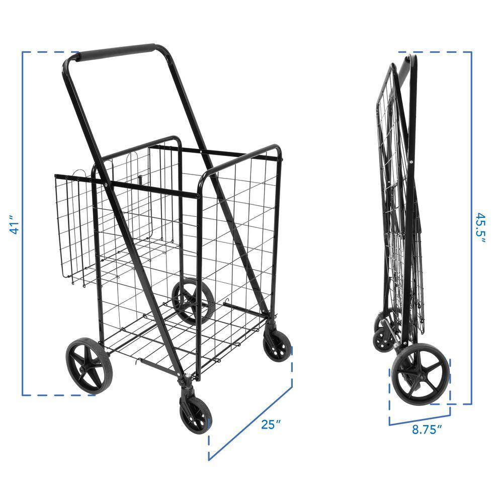 Steel 4-Wheel Rolling Utility Shopping Cart with Basket in Black - Hercitys
