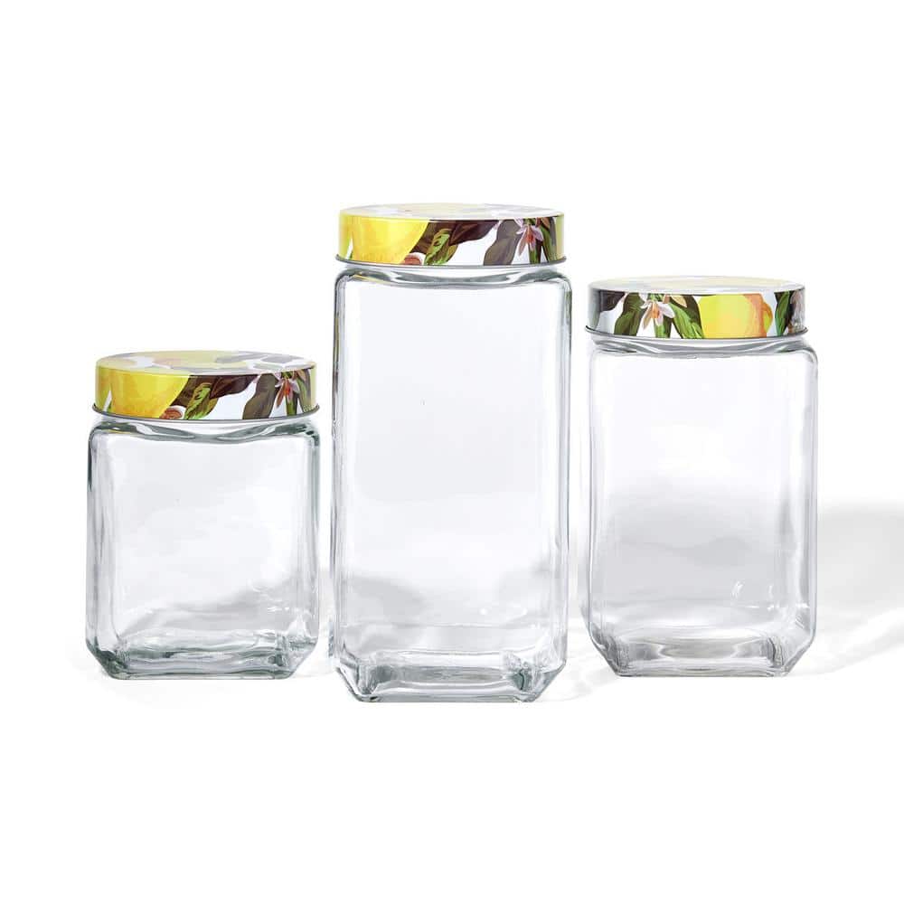 Blossoms and Lemons Set Of 3-Square Glass Jars - Hercitys