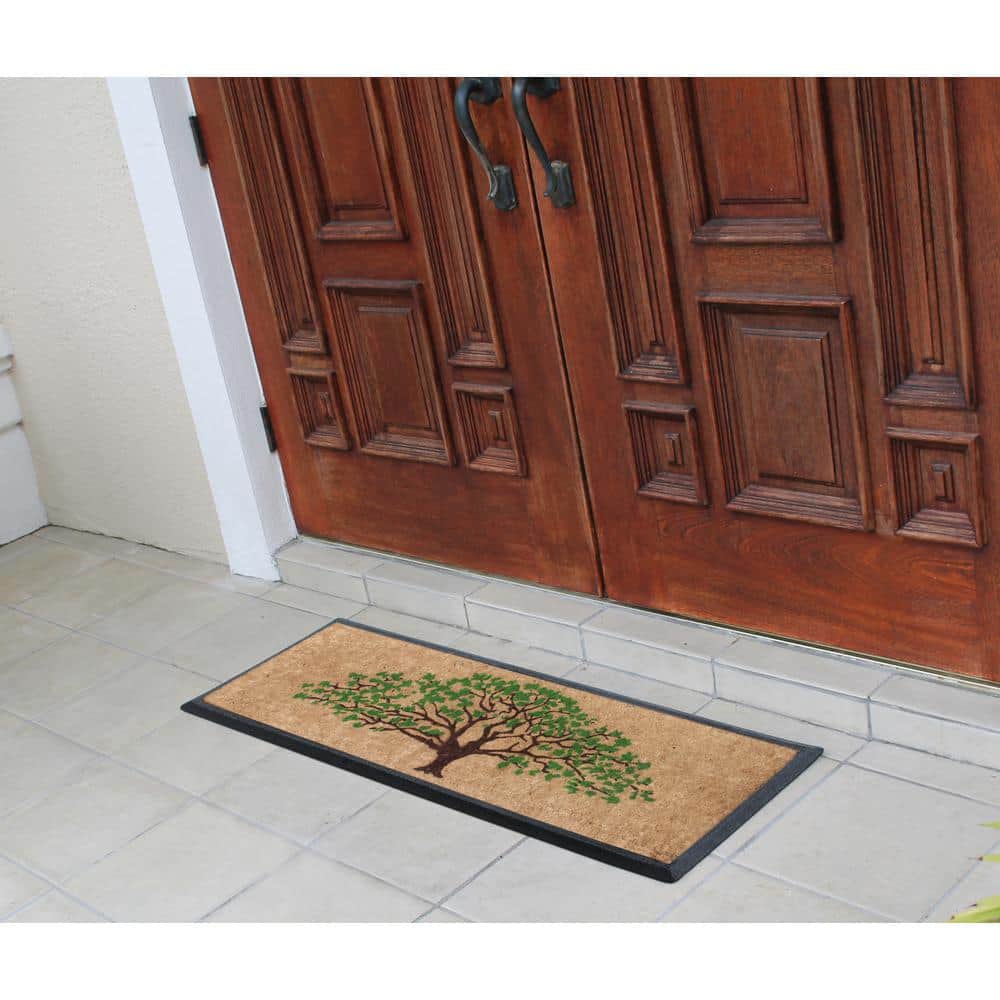 A1HC First Impression Hand-Crafted Life of Tree Green/Brown 16 in. x 48 in. Rubber Coir Double Doormat - Hercitys