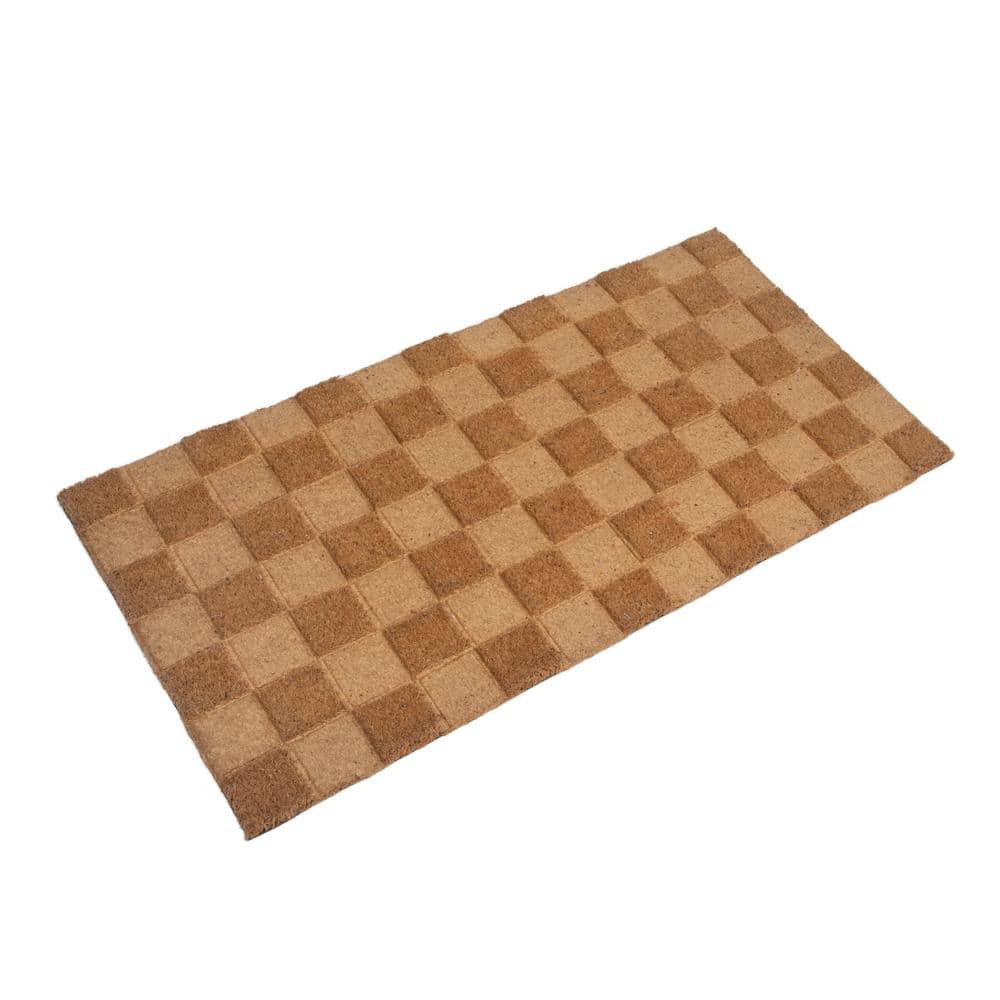 Natural 16 in. x 32 in. Coir Non-Slip PVC Backing Engraved with Checkerboard Print Door Mat - Hercitys