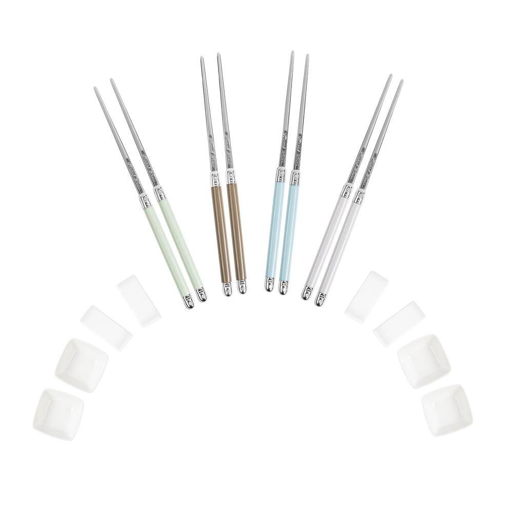 French Home Mother of Pearl Colored Chopsticks, Ceramic Rests and Sauce Bowls, Set of 4 Pairs - Hercitys