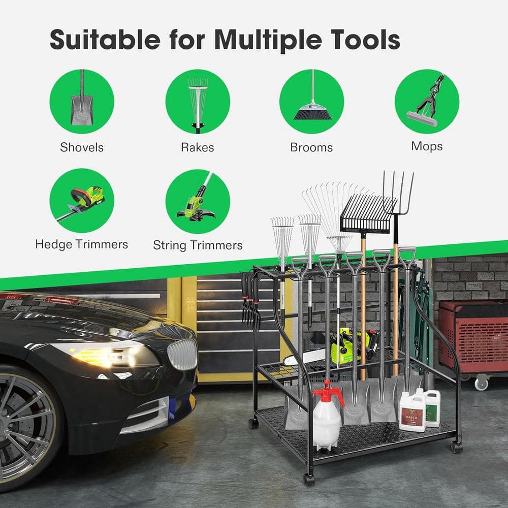 Steel Garden Tool Rack for Garage Shed with Wheels - Hercitys