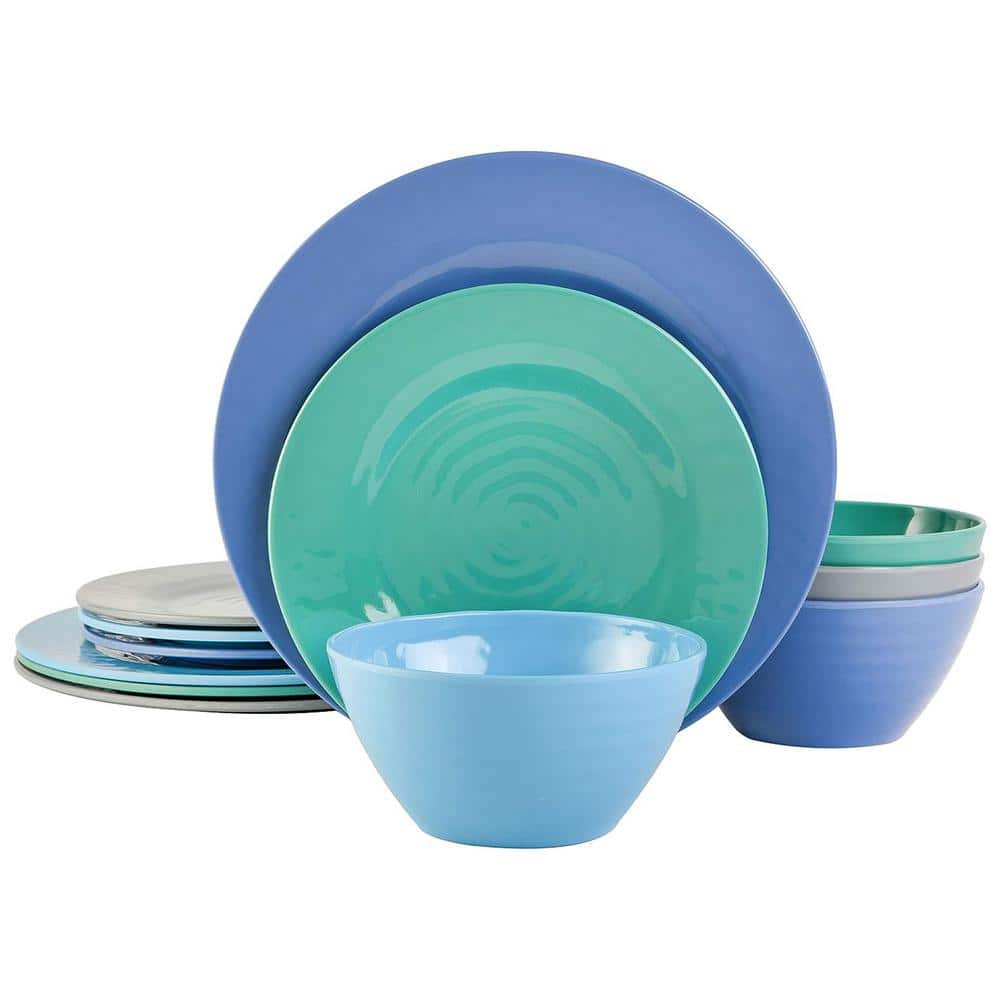 Brela 12 Piece Round Melamine Dinnerware Set in Assorted Blue - Hercitys