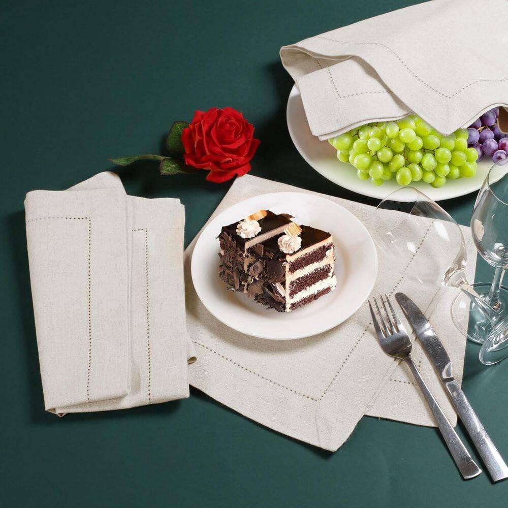 Set of 12 Cotton Cloth Dinner Napkins 18 x 18 Natural with Hemstitched Mitered Corners Wedding & Cocktail Napkins, Beige - Hercitys