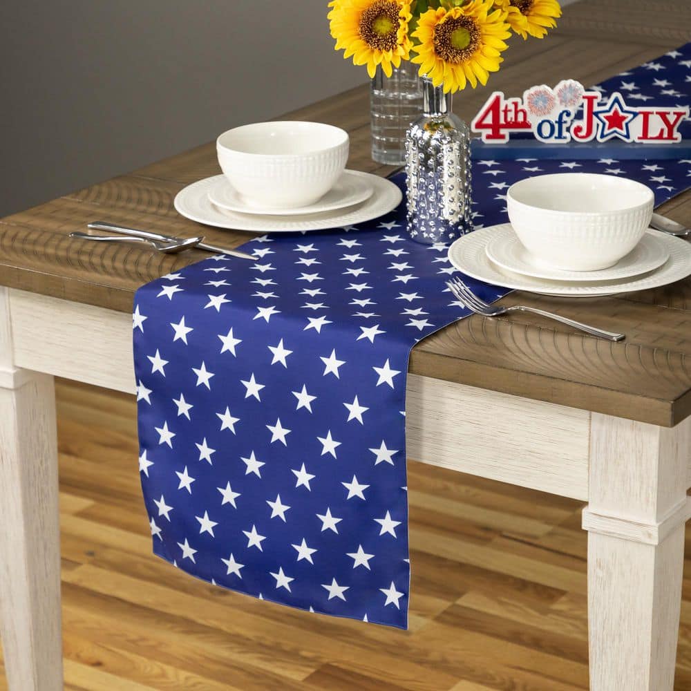 72 in. H x 12 in. W Blue Polka Dot White Stars Patriotic Table Runner – Polyester - Hercitys