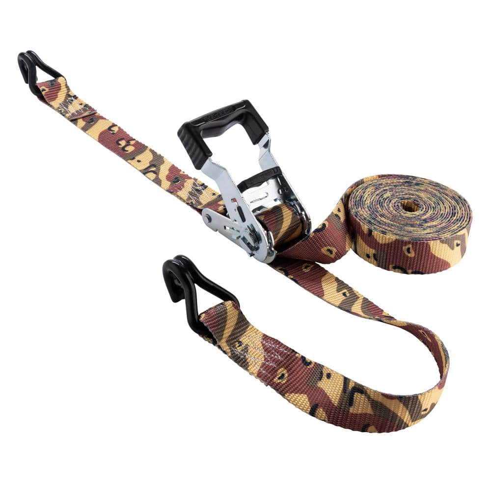 Camo Ratchet Tie Down Strap 16 ft. x 1.25 in. 1,000 lbs. with Double J Hook (4-Pack) - Hercitys