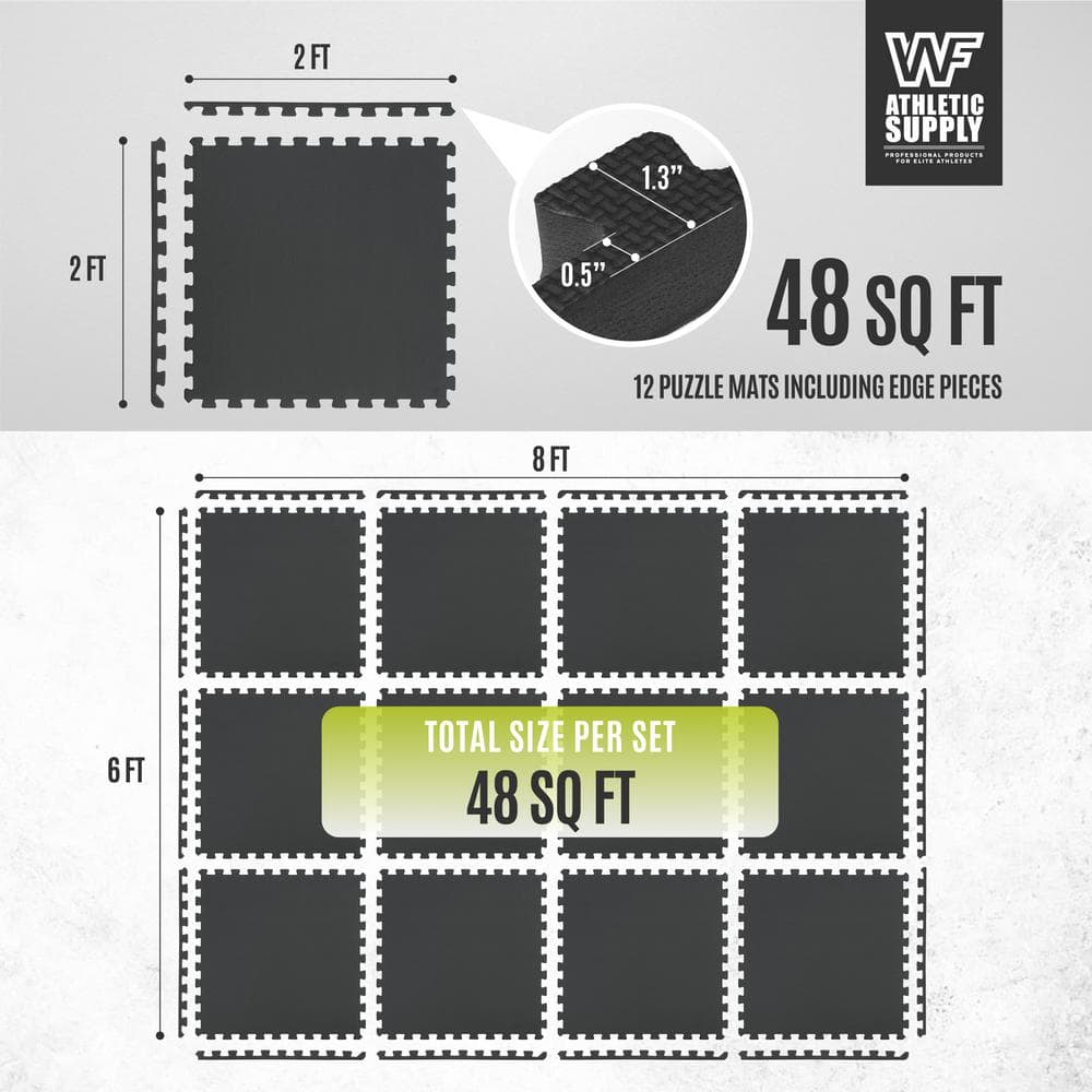 Black 24 in. W x 24 in. L x 0.75 in. Thick EVA Foam Double-Sided T Pattern Gym Flooring Tiles (12 Tiles/Pack 48 sq. ft.) - Hercitys