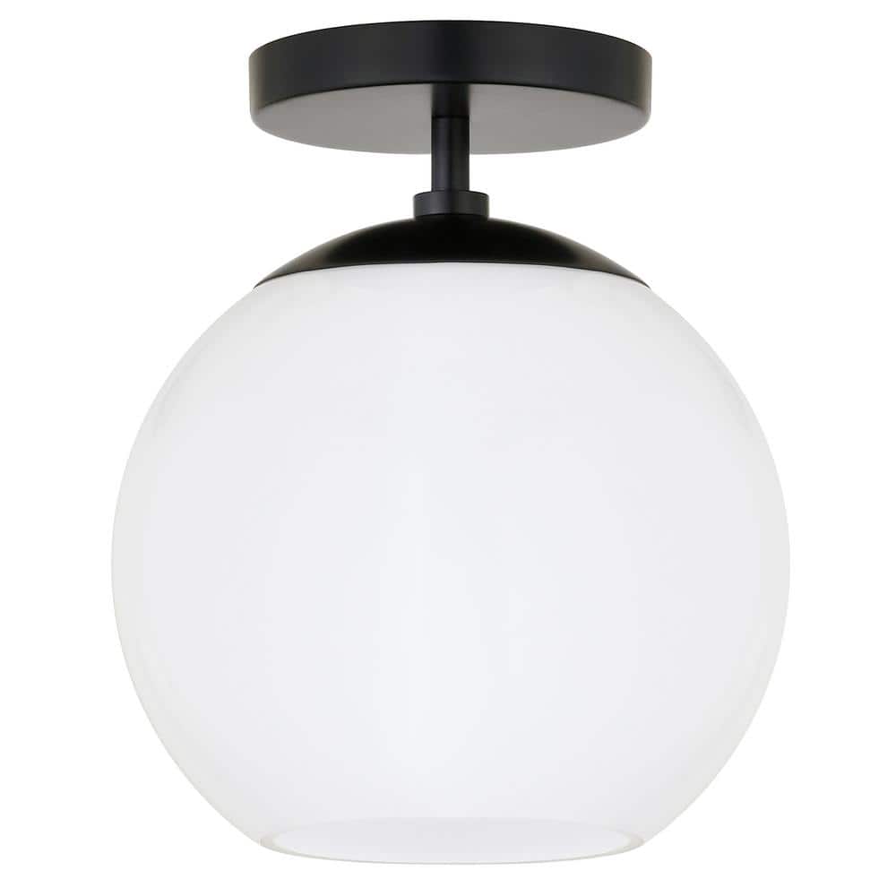 Bartlett 9 in. 1-Light Matte Black and White Milk Glass Semi-Flush Mount - Hercitys