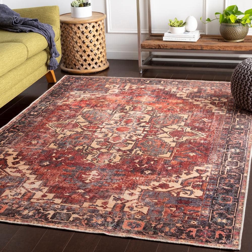 Gilda Rust 5 ft. 3 in. x 7 ft. 3 in. Distressed Machine-Washable Area Rug - Hercitys