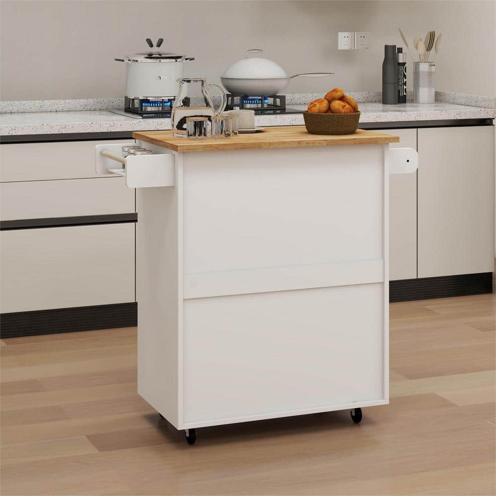 White Wood 37.99 in. Kitchen Island with Drawer, adjustable shelf, towel rack, seasoning rack and wide base, big storage - Hercitys