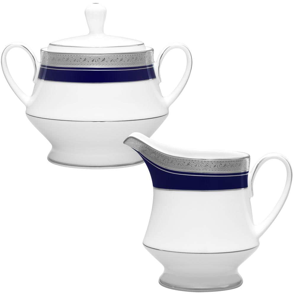 Crestwood Cobalt Platinum Sugar 10 oz. and Creamer 8 fl. oz. Set (White) Porcelain - Hercitys