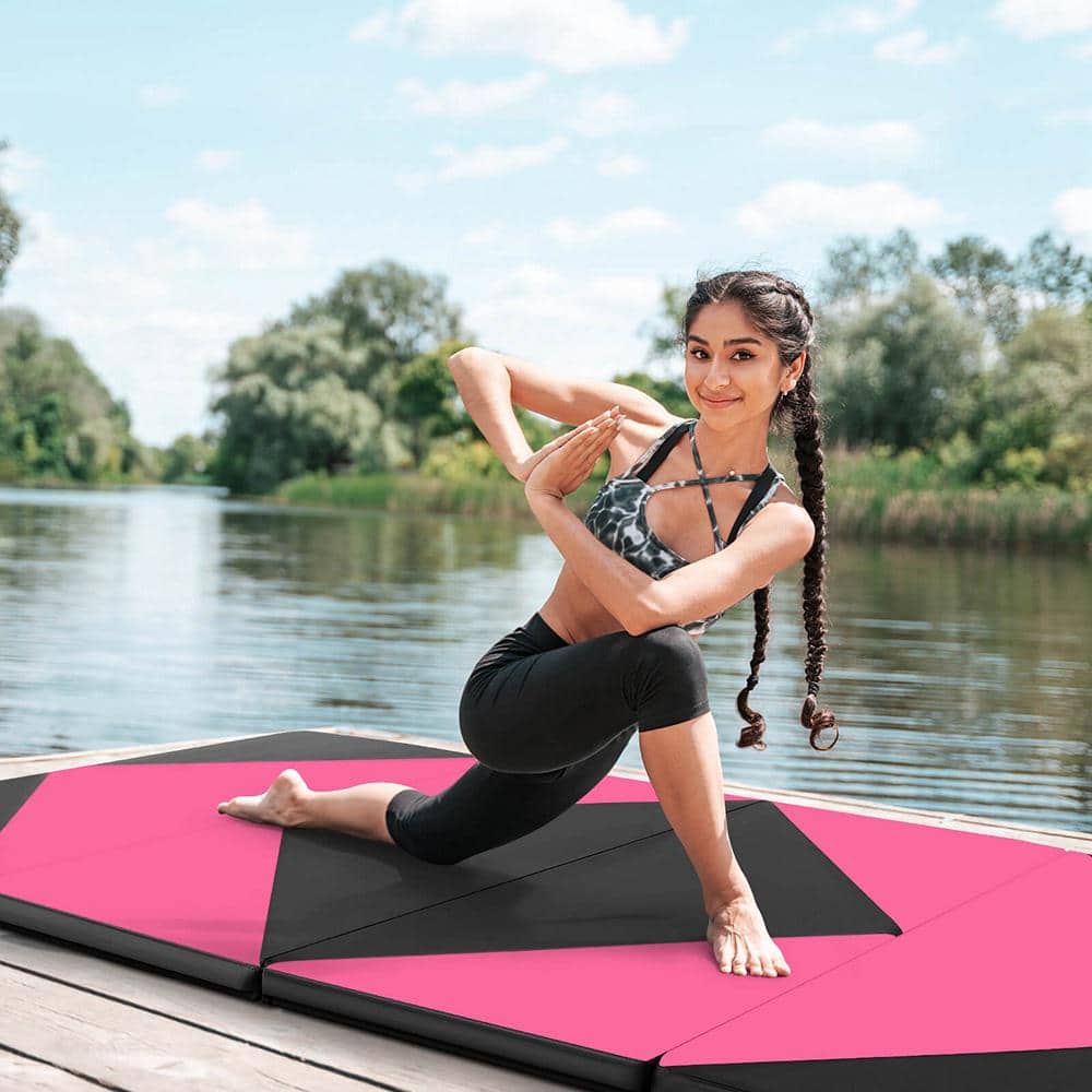 Folding Gymnastics Mat 8 ft. x 4 ft. x 2 in. PU Leather Tumbling Exercise Mat Yoga Gym Pink+Black 32 sq. ft. - Hercitys