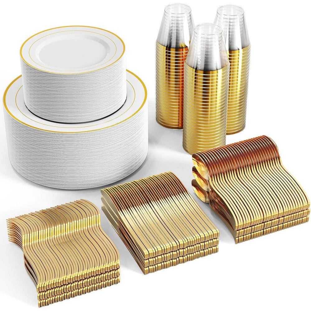 Gold Disposable Plastic Dinnerware Set for 100-Guests (600-Pieces) - Hercitys