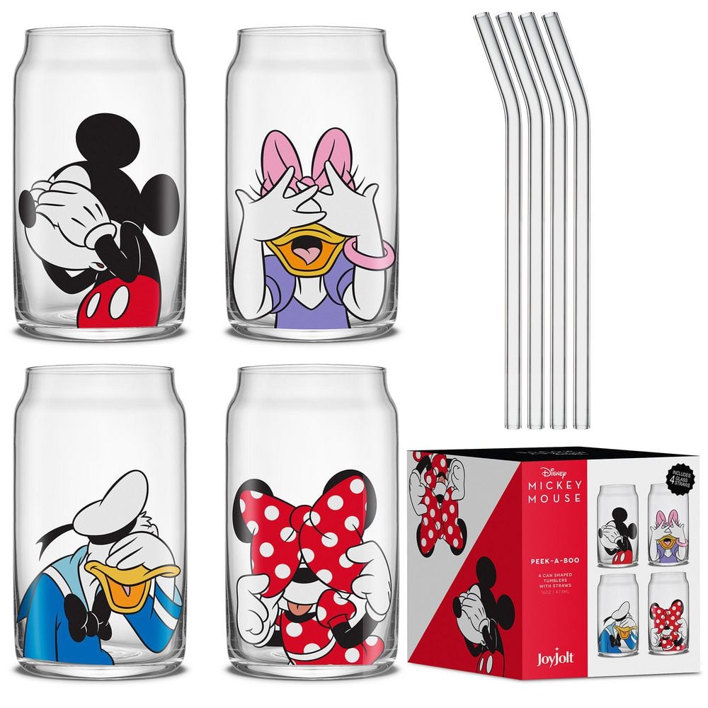 Disney Can Glass Set, Set of 4-Pieces Glasses With 4 Clear Straws + 1 Cleaning Brush - Hercitys