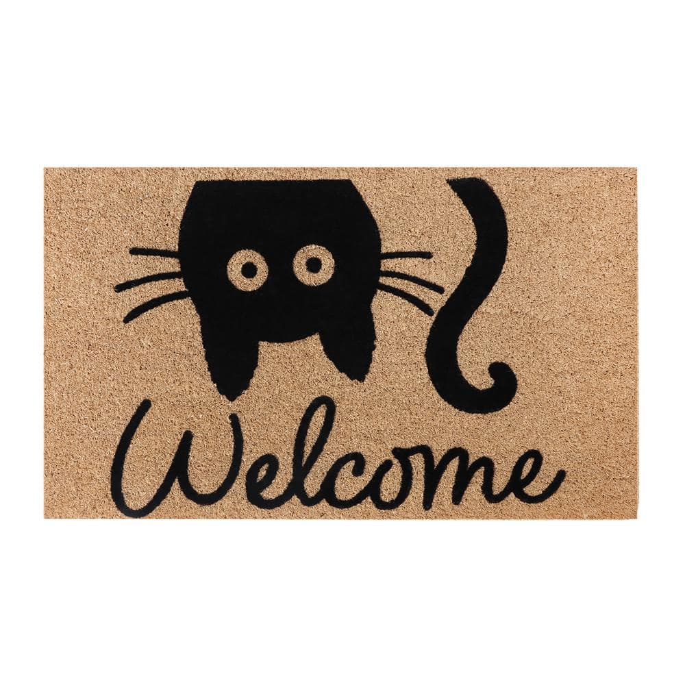 A1HC Cat Welcome 24 in. x 36 in. Natural Coir Heavy Duty Non Slip PVC Backing Outdoor Welcome Mat - Hercitys