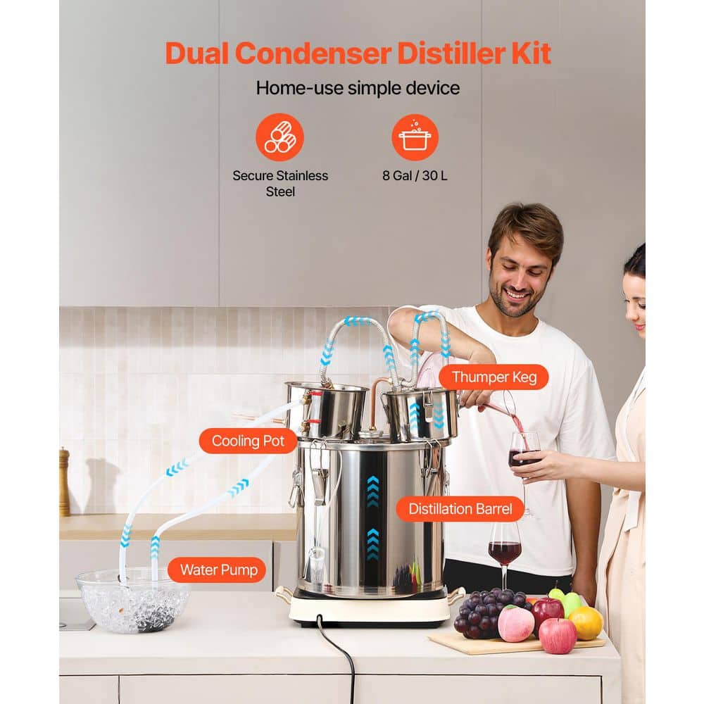 8 Gal. /30 L Alcohol Still, Stainless Steel Distiller with Copper Coil, Dual Condenser Kit for Whisky, Wine, Brandy - Hercitys