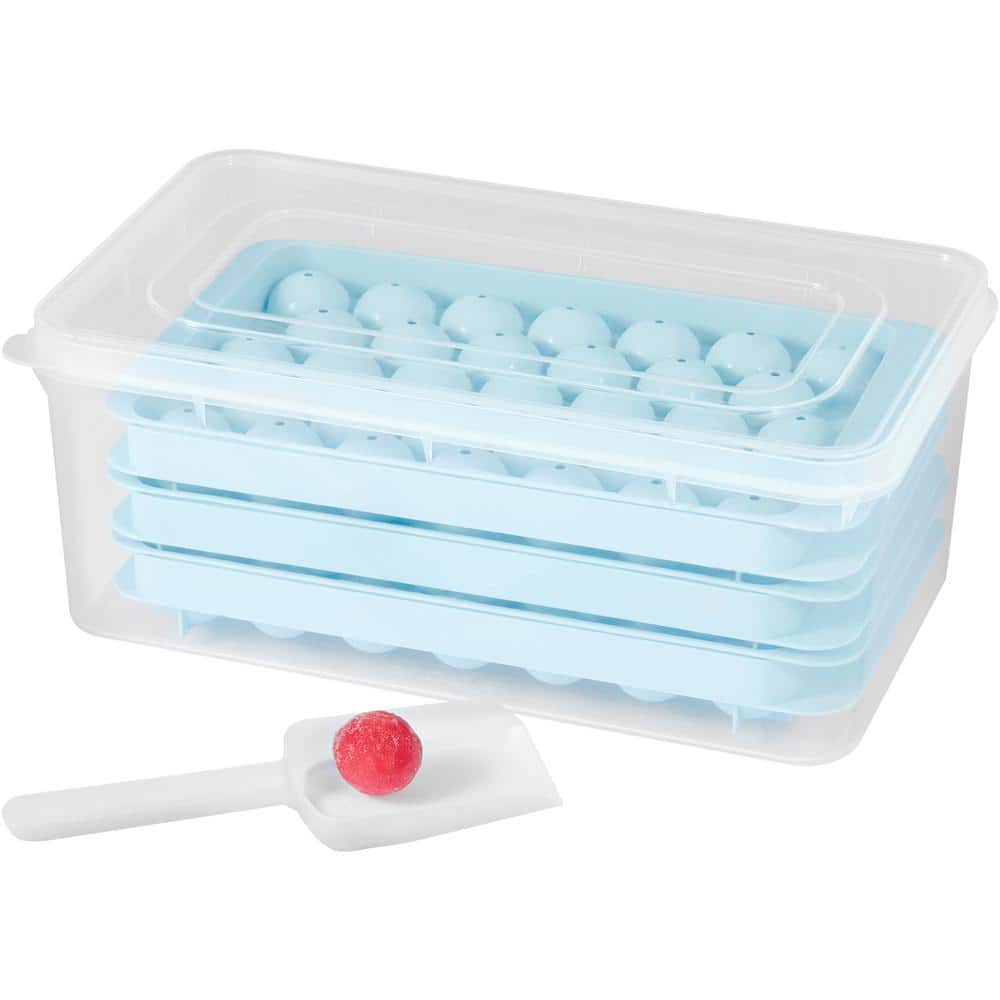 Blue Ice Cube Tray, Round Ice Ball Maker, 2 x 33 pcs and 1 x 104 pcs Ice Balls, 3 Pack Ice trays and Ice Bin and Scoop - Hercitys