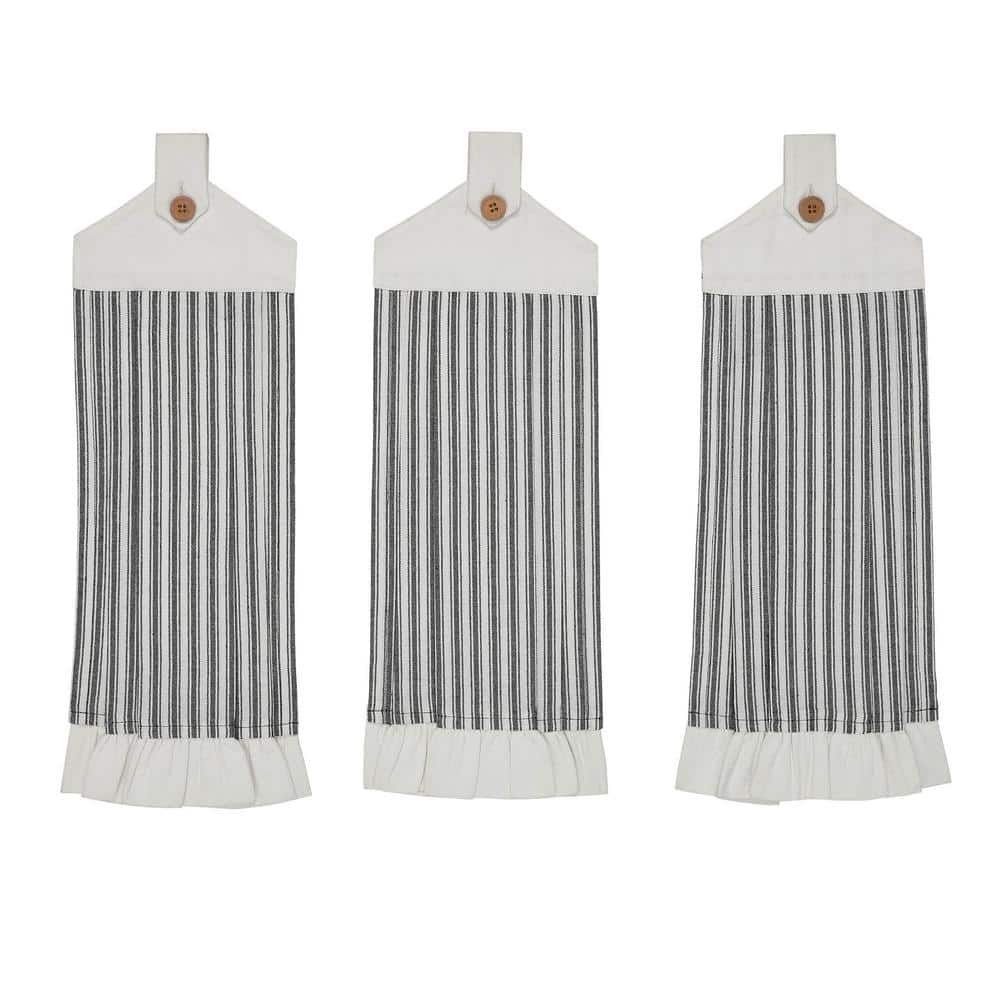 Sawyer Mill Black Ticking Stripe Button Loop cotton Blend Kitchen Tea Towel Set (Set of 3) - Hercitys